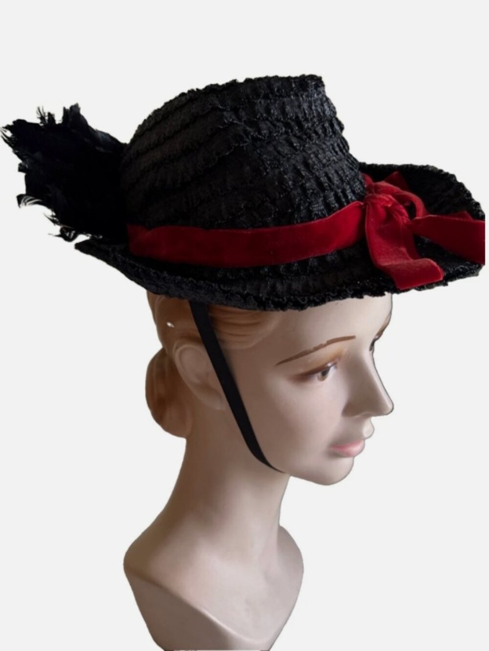Vintage 1940s Black Straw Feather Tilt Hat ❤️🖤